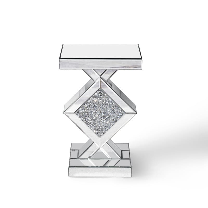 Modern Mirrored Glass Top End Table with Crushed Diamond