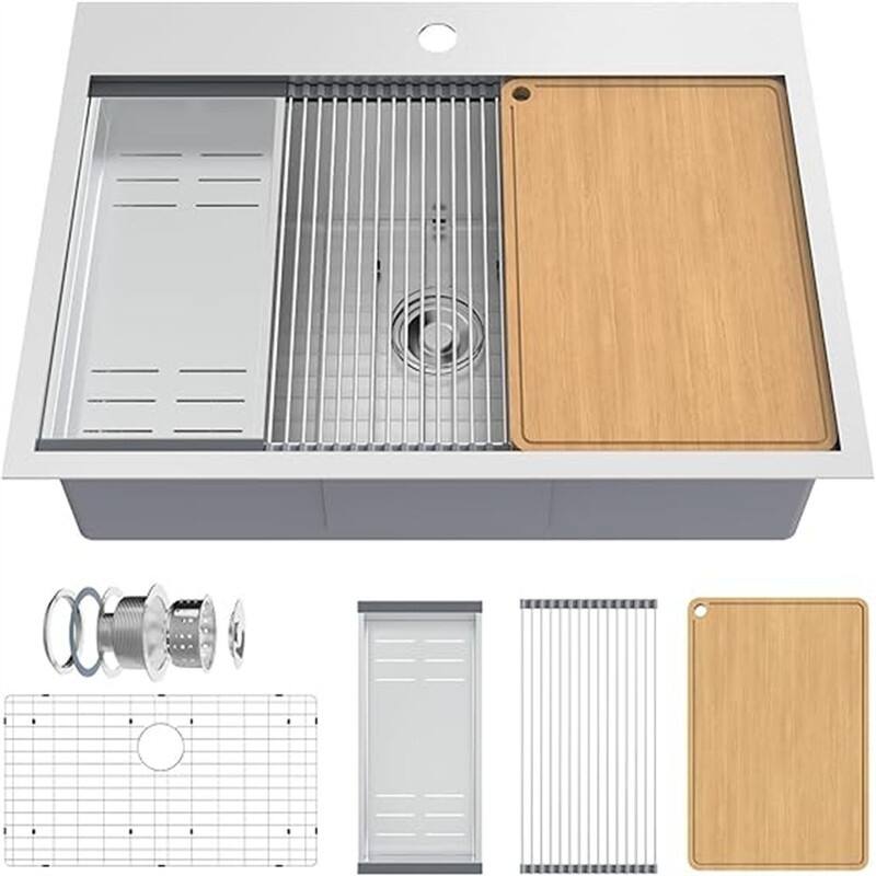 Stainless Steel Drop In Integrated Ledge Multifunctional Workstation Sink Set In Silver - 33x22in.