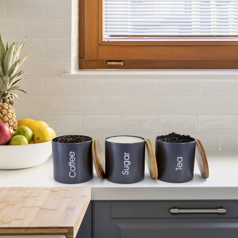 4 Piece Bamboo and Metal Bread Container and Can Storage Set in Gray with Lids