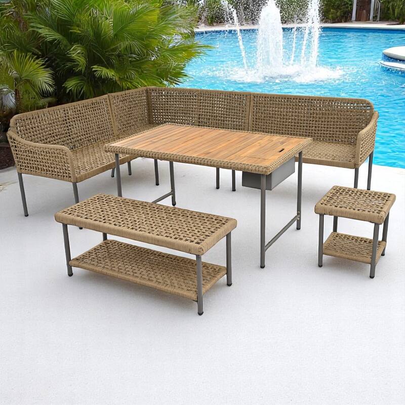 6-Piece Outdoor Modular Patio Furniture Set with Rope Weave Sofas,Table with Ice Box, Thick Cushions, Adjustable Feet