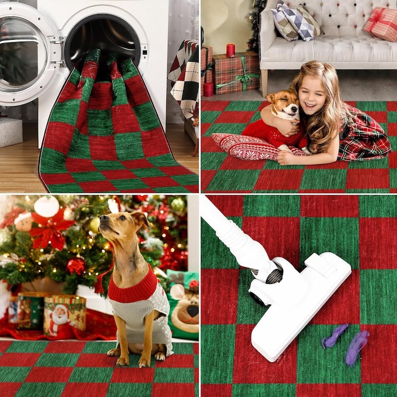 Grid Pattern Washable Christmas Area Rug Indoor Floor Cover for Xmas Holiday Decoration, Red+Green