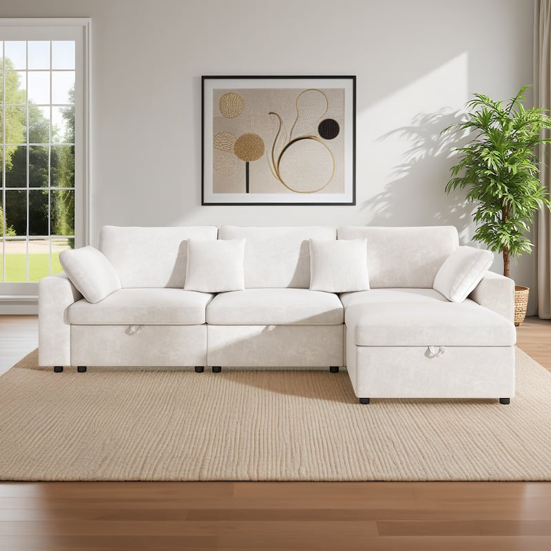 Velvet Upholstered Modular Deep Seating Couches L-shaped Chaise Sectional Sofa with Side Pockets, Storage Ottoman and Seat