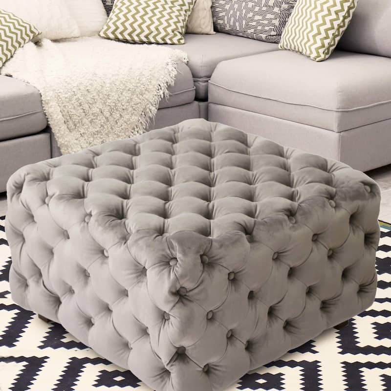 Adeco Grey Square Tufted Fabric Bench Footstool - Grey - Medium