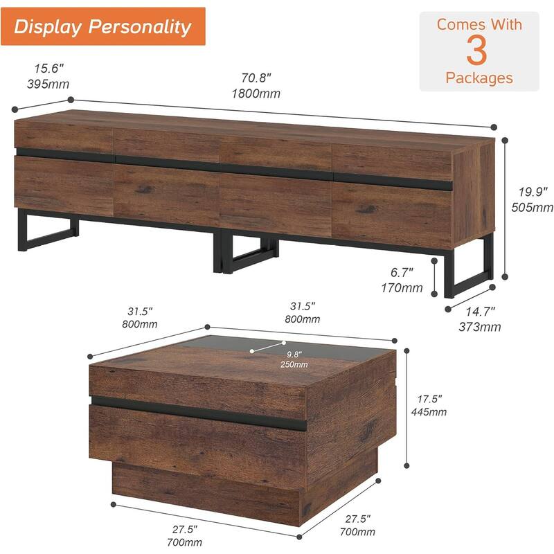 WAMPAT Modern TV Stand and Coffee Table Set of 2, Brown
