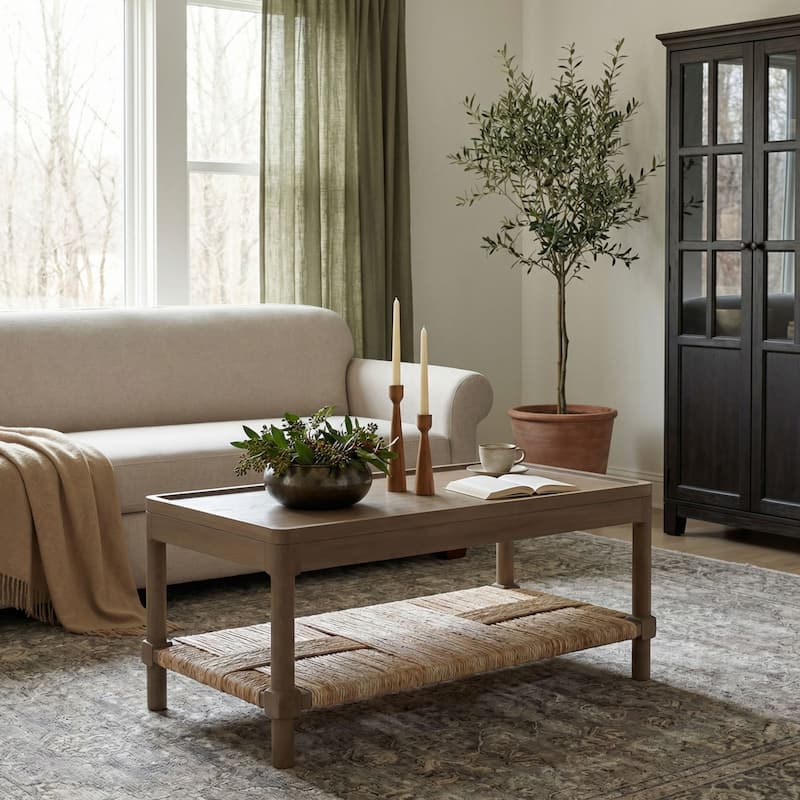 Asher Wood Tray Top Coffee Table with Rush Shelf by East at Main - Wood - Brown