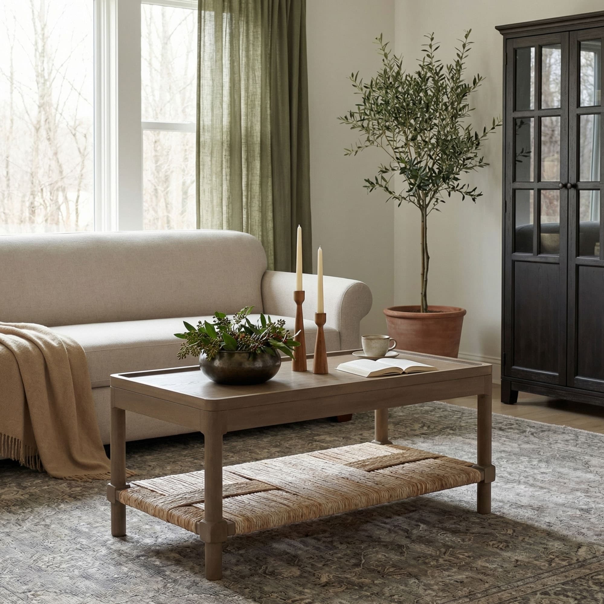 Asher Wood Tray Top Coffee Table with Rush Shelf by East at Main