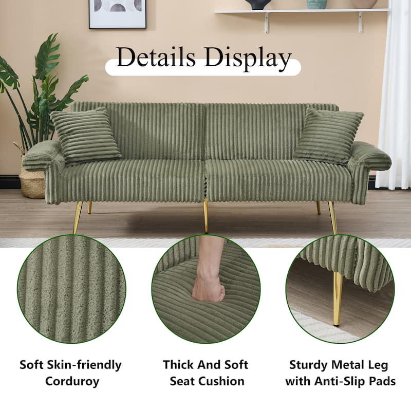 79" Corduroy Foldable Sofa Bed with 3-Position Armrests, High-Resilience Foam, and Metal Legs