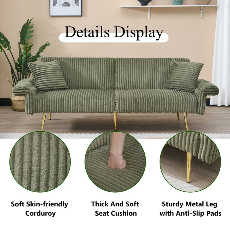 79 inch Green Corduroy Foldable Double Sofa Bed with Foam+Spring