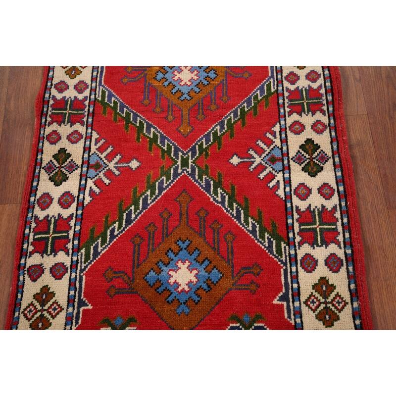 Geometric Red Kazak Accent Rug Hand-Knotted Wool Carpet - 2'1" x 2'11"