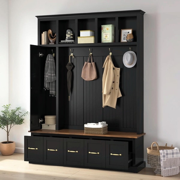 Black Cane & Chabine dorée Entry Hall Tree Mudroom Organizer, Featuring Coat Hooks, Shoe