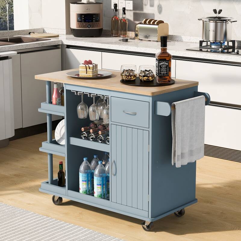 Rubber Wood Kitchen Cart with Adjustable Shelves and Wine Rack - Grey
