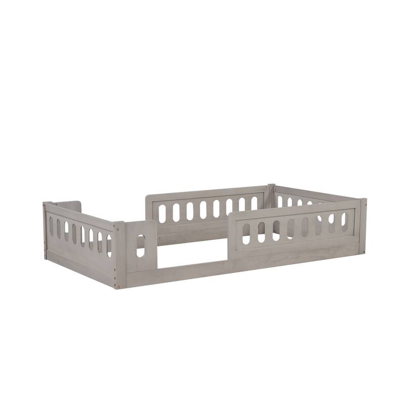 Kids Wood Floor Bed with Semi-Enclosed Guardrail and No-Slat Design