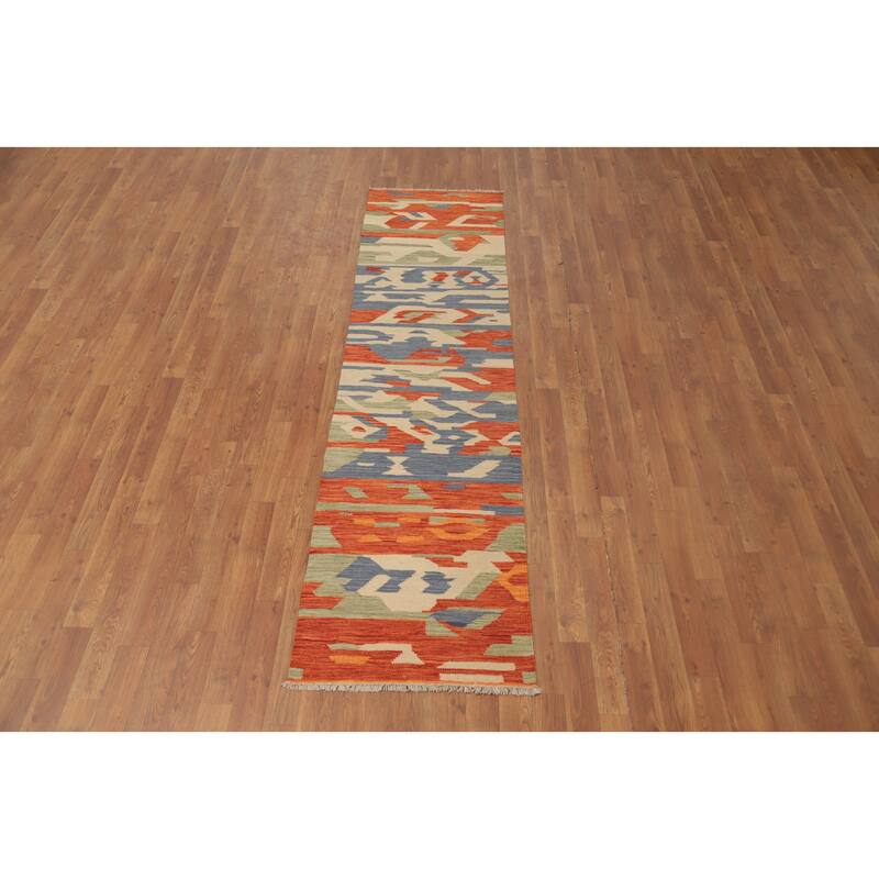 Hand Woven Oriental 100% Wool Carpet Southwestern Modern Multi-Colored Kilim Runner Rug - 8' 1'' X 2' 1''