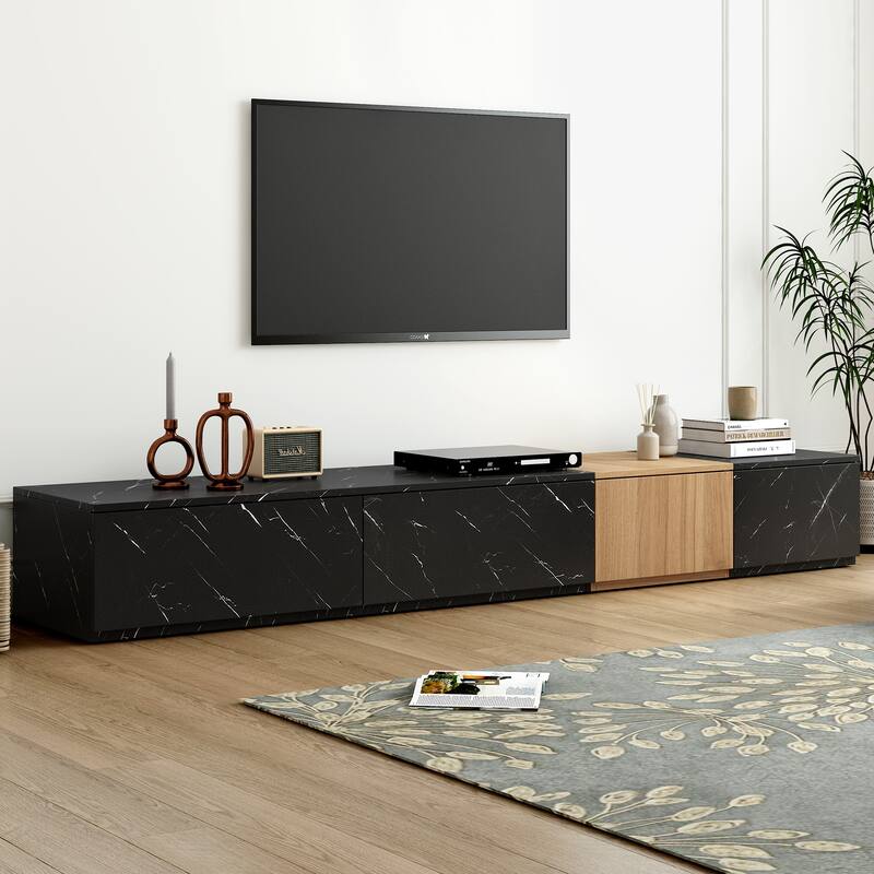 Modern TV Stand, for TVs Up to 88'' with Faux Marble and Walnut Wood Grain, 4 Storage Drawers, for Living Rooms, Black