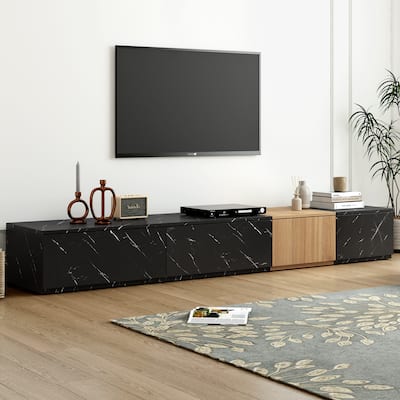 Modern TV Stand with Faux Marble and Walnut Wood Grain Finish,4 Storage Drawers for TVs up to 88'',Modular Entertainment Center