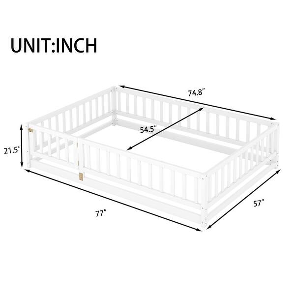 Full Size Montessori Floor Bed with Fence and Door, White