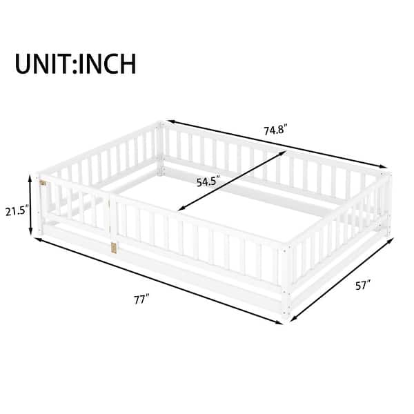 Multi-function Design Wood Floor Bed with Fence and Door for Kids, Full Size, White