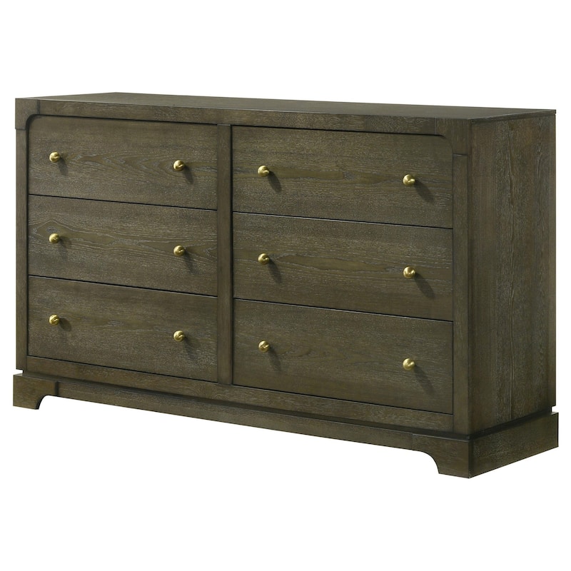 Seon Wide Dresser, 6 Drawers with Brass Knobs, Dark Cocoa Brown Wood
