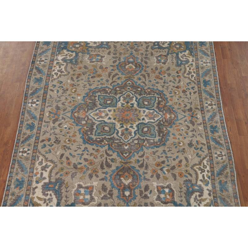 Distressed Tabriz Vintage Persian Rug Handmade Beige Wool Carpet - 6'5" x 9'3"