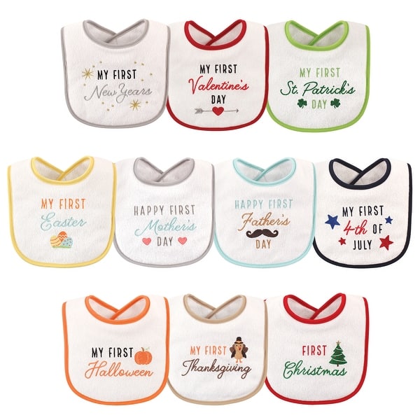 slide 1 of 1, Hudson Baby Infant Cotton Terry Drooler Bibs with Fiber Filling 10pk, Neutral Holiday - Neutral Holiday - One Size One Size - Neutral Holiday
