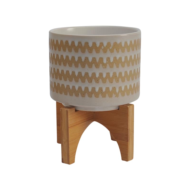 Beige and Tan Ceramic Planters with Natural Wood Stands (Set of 2)