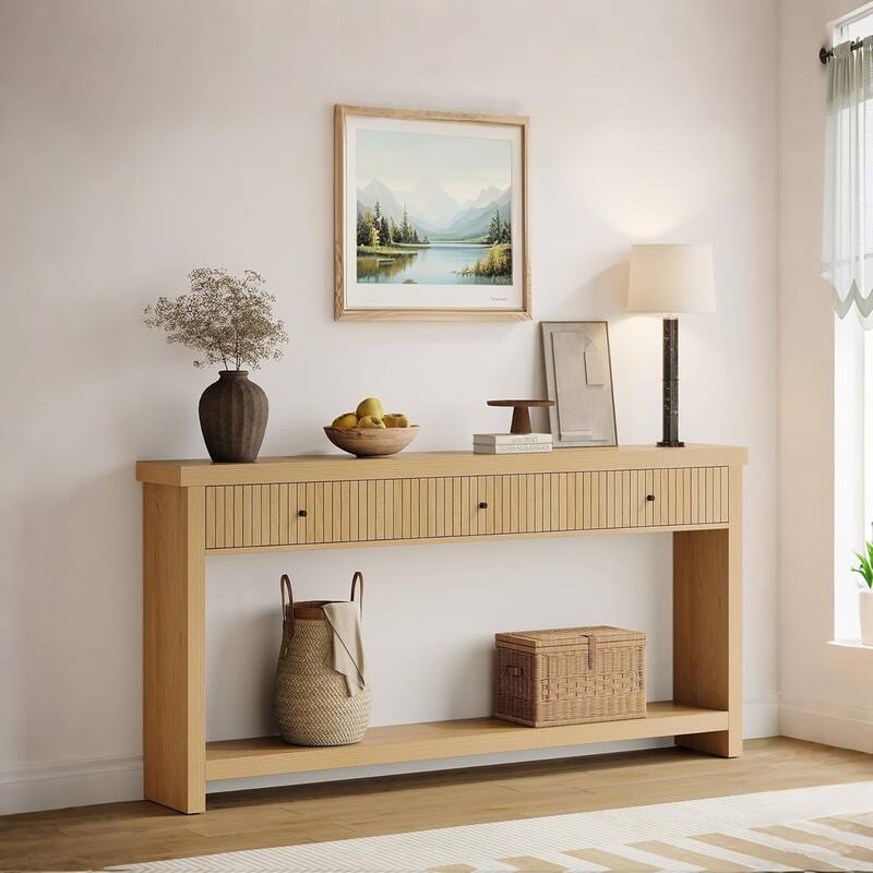 Extra Long Wood Console Table, Oak Sofa Entryway Table with 3 Drawers & Storage Shelves for Living Room, Hallway, Foyer