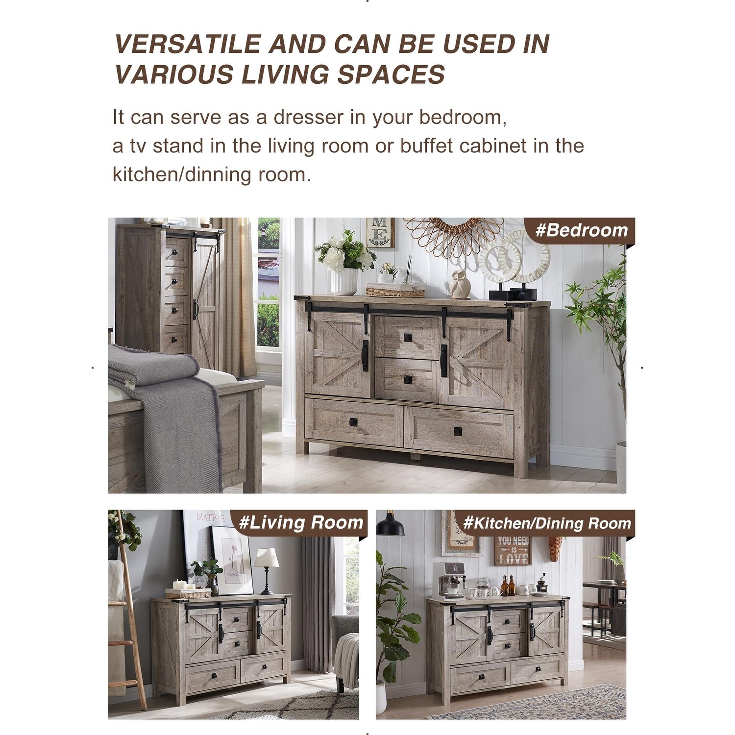 better homes and gardens modern farmhouse dresser & 4-Drawer Rustic Gray Bedroom Storage 56.850 L x 18.268 W x 32.402 H Six storage drawers 1 thick hollow core top 1 1/2 square legs Matches other items in the Better Homes Miot Wide Dresser | 6