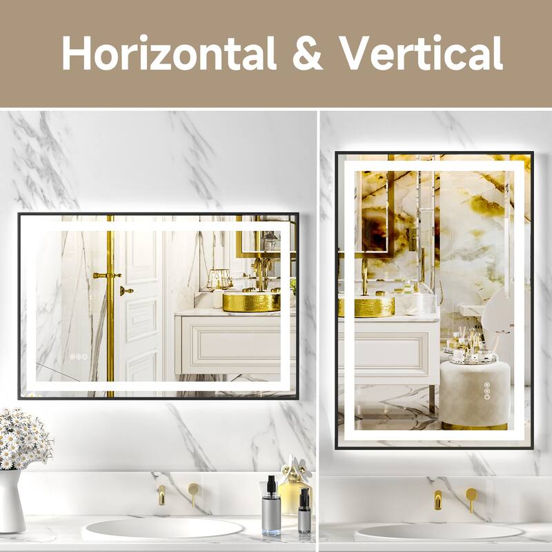Silver-Black Glass LED Bathroom Mirror with Dual Lights and Anti-Fog - 36 W x 24" H