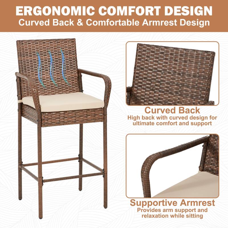 AVAWING All-Weather Wicker Bar Stools - Cushioned, Ergonomic, for Patio & Poolside - Black/Brown/Grey