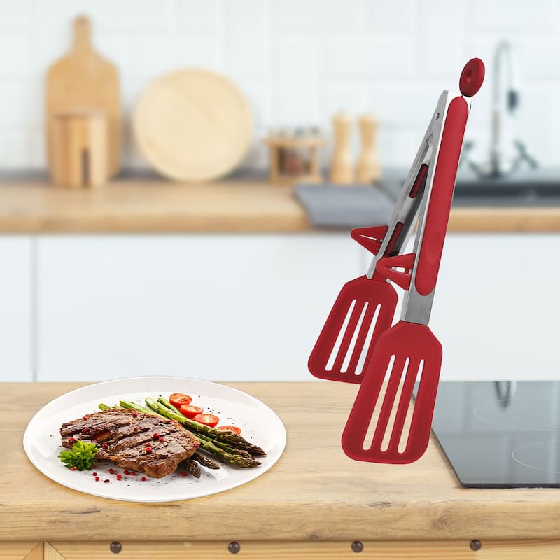 Kitchen Tongs for Cooking Stainless Steel Tongs w Stands Silicone Tip - Red