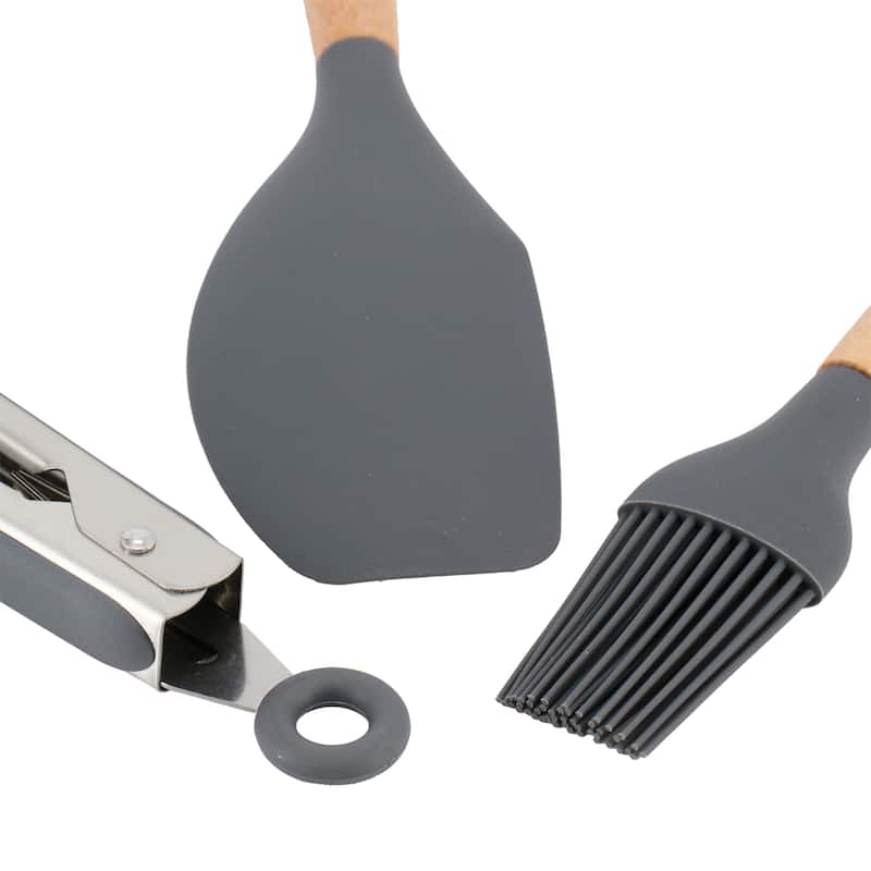 Gibson Home Holton 7 Piece Silicone Beech Wood Kitchen Tool Set in Grey