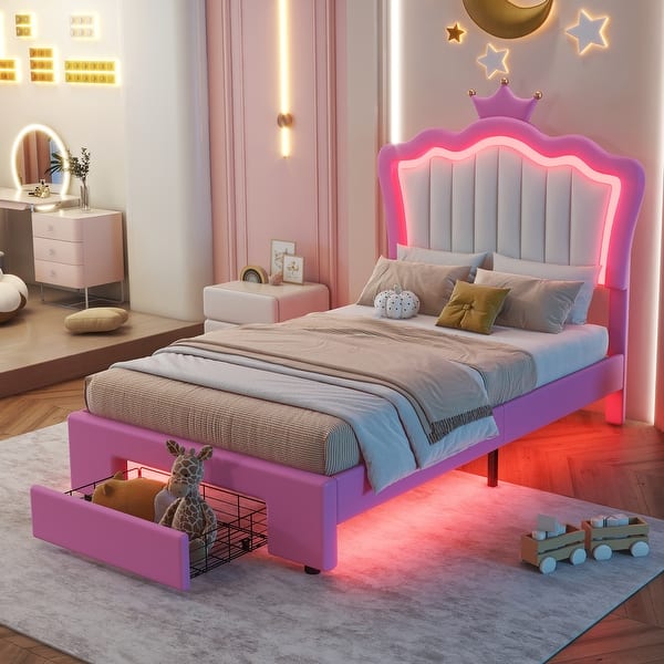 slide 2 of 13, Modern Princess Twin Upholstered Bed Frame with LED Lights, Crown Headboard, Adjustable Height, Storage Drawer, Pink+White Pink+White