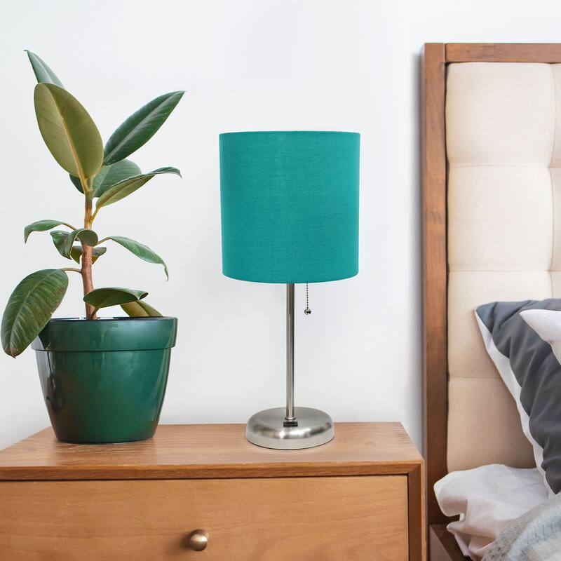 Creekwood Home Oslo 19.5" Bedside Usb Port Metal Table Desk Lamp - Brushed Steel/Teal Shade - 9x9x15