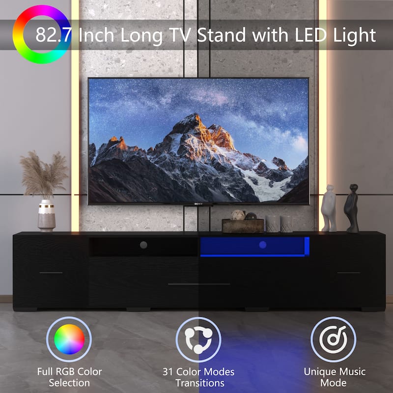 Black 82.68" TV Console with Storage Cabinets, Full RGB Color Selection and 31 Modes Changing Lights for TVs Up to 80"