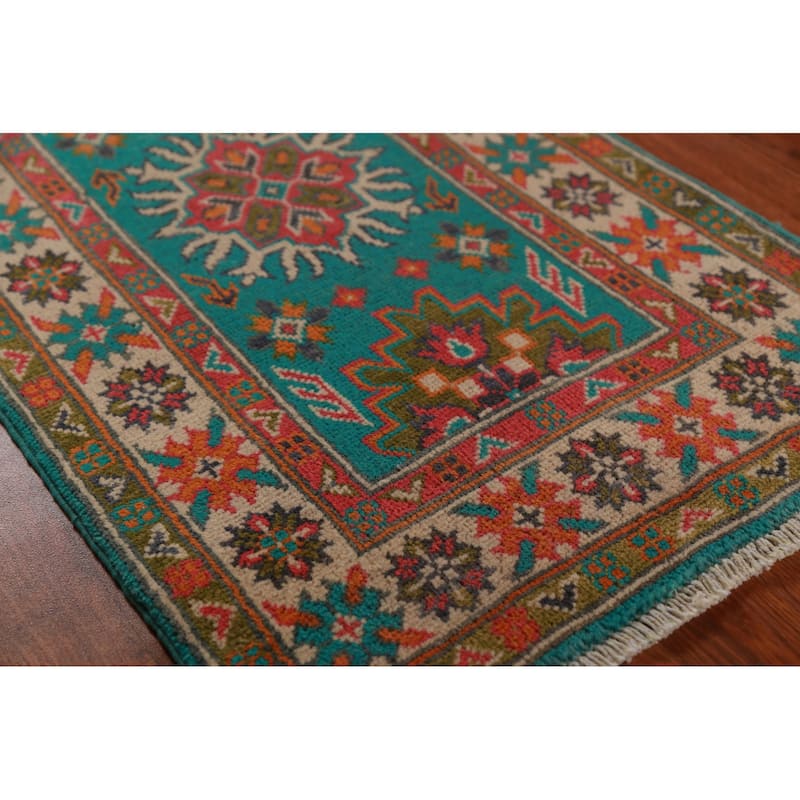 Turquoise Kazak Oriental Foyer Rug Hand-Knotted Wool Carpet - 2'0"x 3'0"