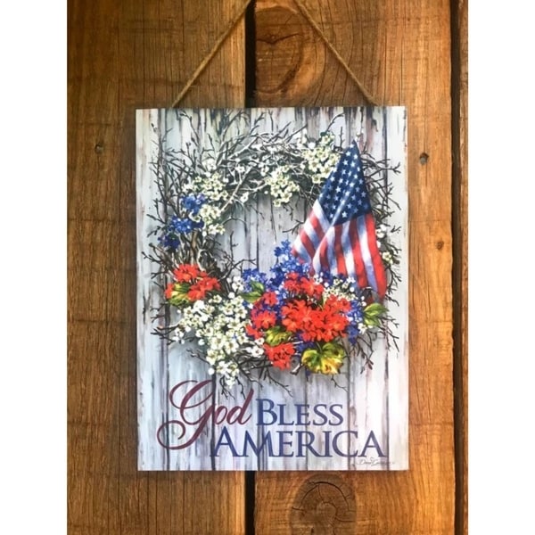 White and Blue "God Bless America" Printed Rectangular Wall Sign with Rope Hanger 10" x 7.5" - N/A