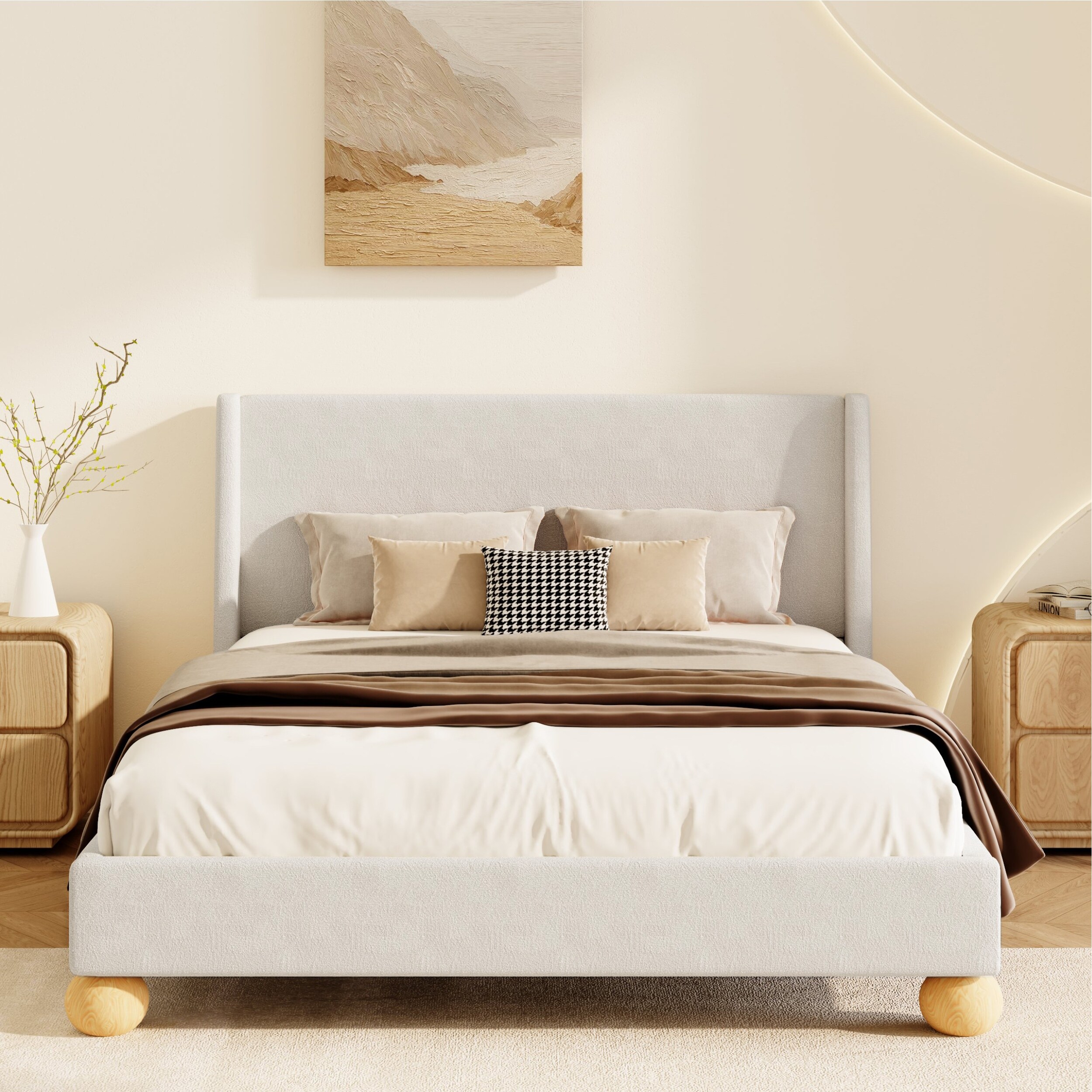 King Size Upholstered Platform Bed with Headboard,Simple