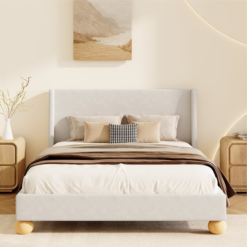 Velvet Upholstered Platform Bed - Beige Queen - Queen