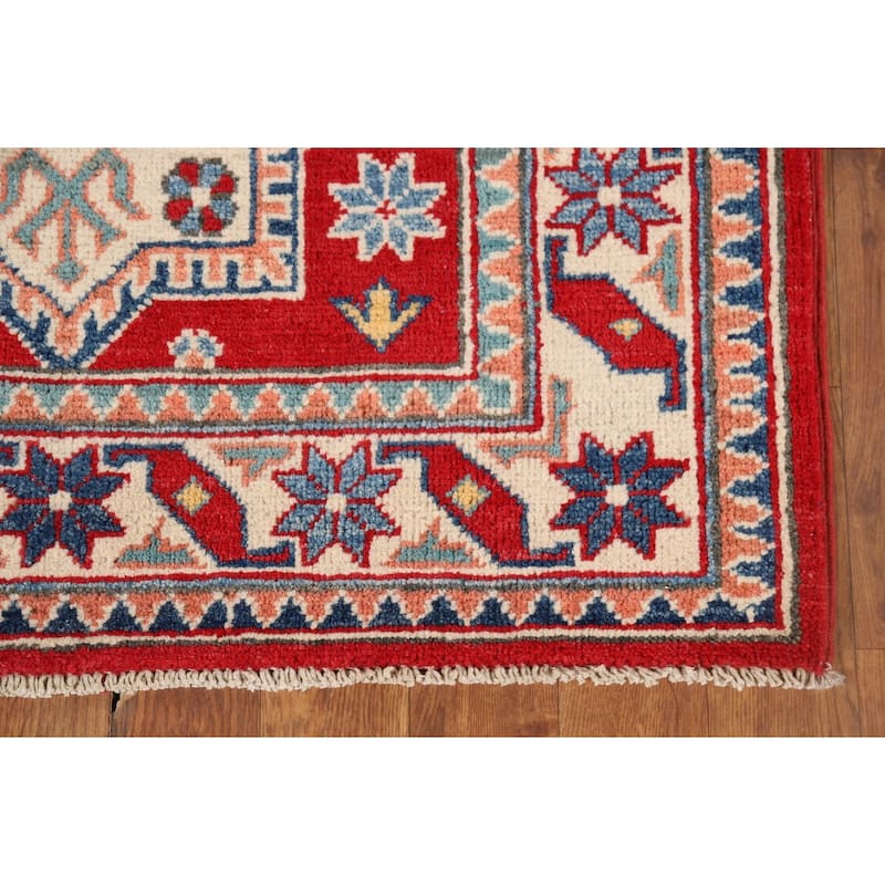 Red Geometric Kazak Oriental Runner Rug Hand-Knotted Wool Carpet - 2'8" x 9'7"