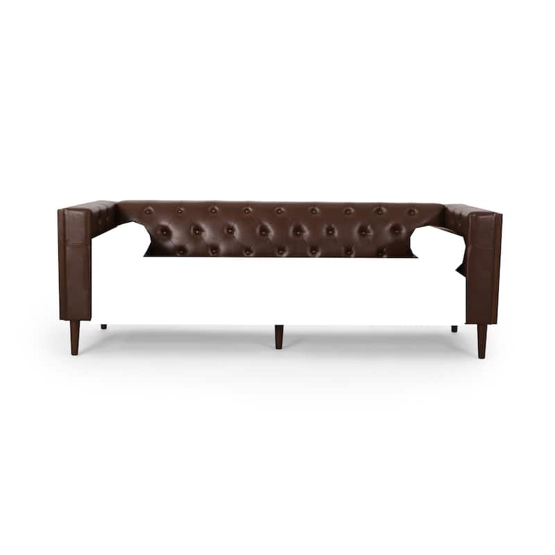 Dark Brown Faux Leather Button Tufted 3-seater Sofa with Birch Wood Legs