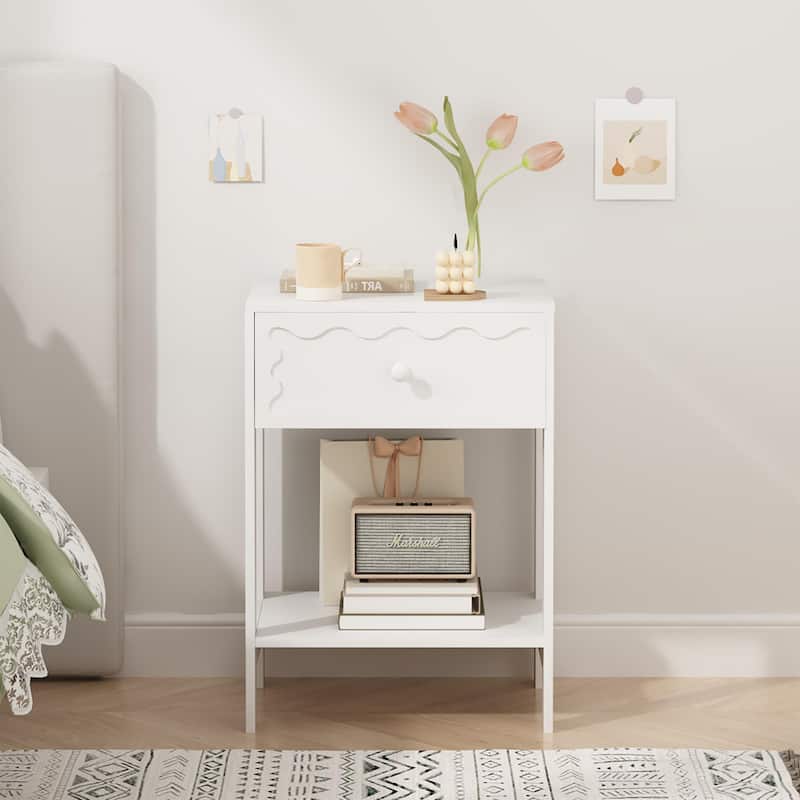 Anmytek White Modern Nightstand with Drawer and Open Shelf Wave Pattern Solid Wood Bedside Table