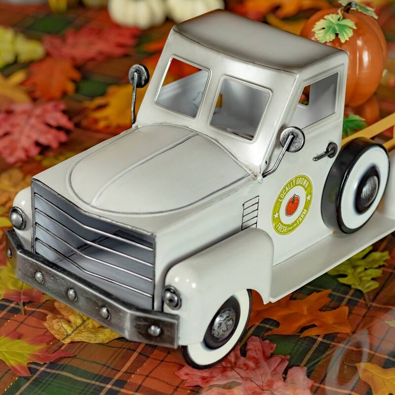 Country Style Metal Truck with Pumpkins in Antique White - 18" L x 8.6" W x 10" H
