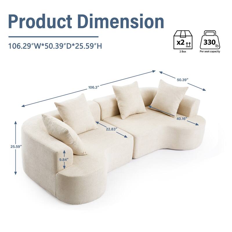 XINMICS 106.3'' Modern Modular Sectional Sofa, 4 Seater U-Shaped Compression Couch with 4 Throw Pillows, No Assembly Required