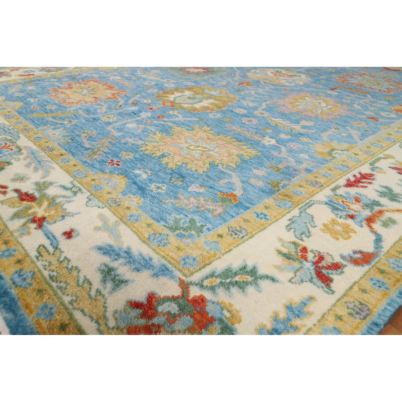 Light Blue Oushak Indian Area Rug Hand-Knotted Wool Carpet - 7'11"x 9'7"