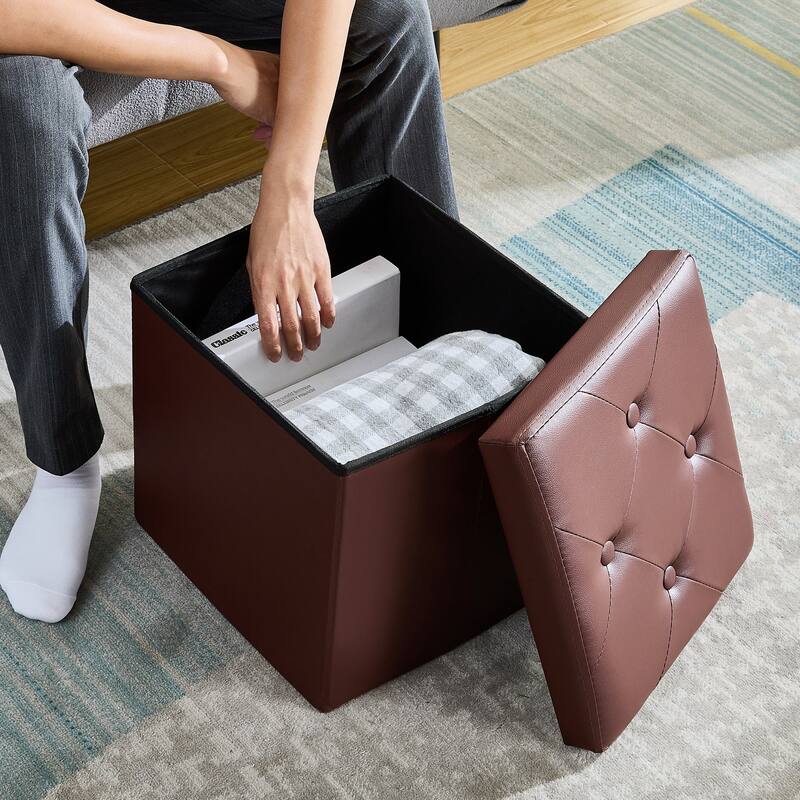2 PC Storage Folding Ottoman, Storage Footrest Stool, Faux Leather Storage Bench Cube with Padded Seat for Small Space