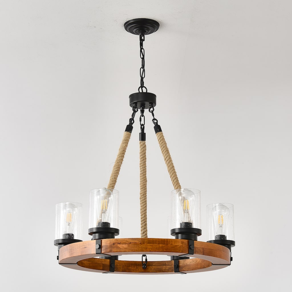 23.62 INCH Round Wood Pendant Light with Seeded Glass Shade, Rustic 6-LightChandelier, (8 Light)--NO INCLUDED BULBS