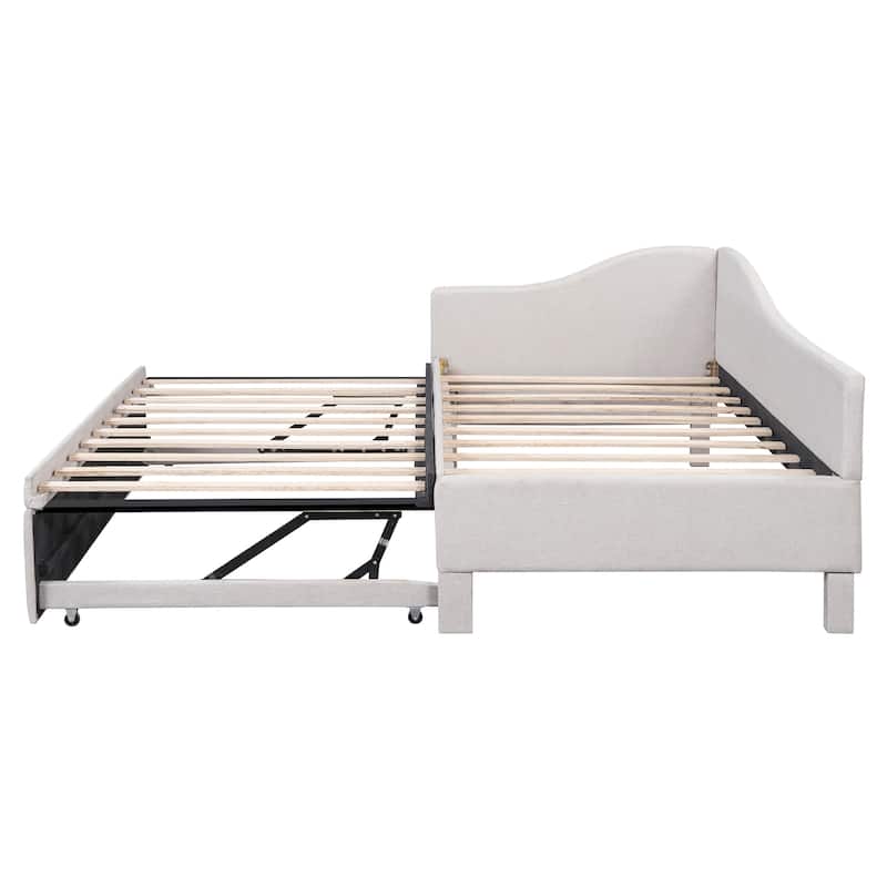 Roomfitters Twin Size Upholstered L-Shaped Daybed with Pop Up Trundle, Space Saving Fabric Sofa Bed Frame with Slats