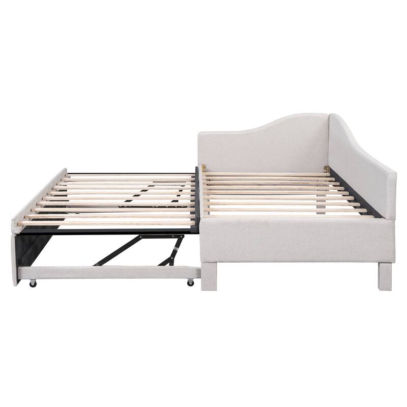 Twin Size Upholstered L-Shaped Upholstered Daybed with Pop Up Trundle for Home Office