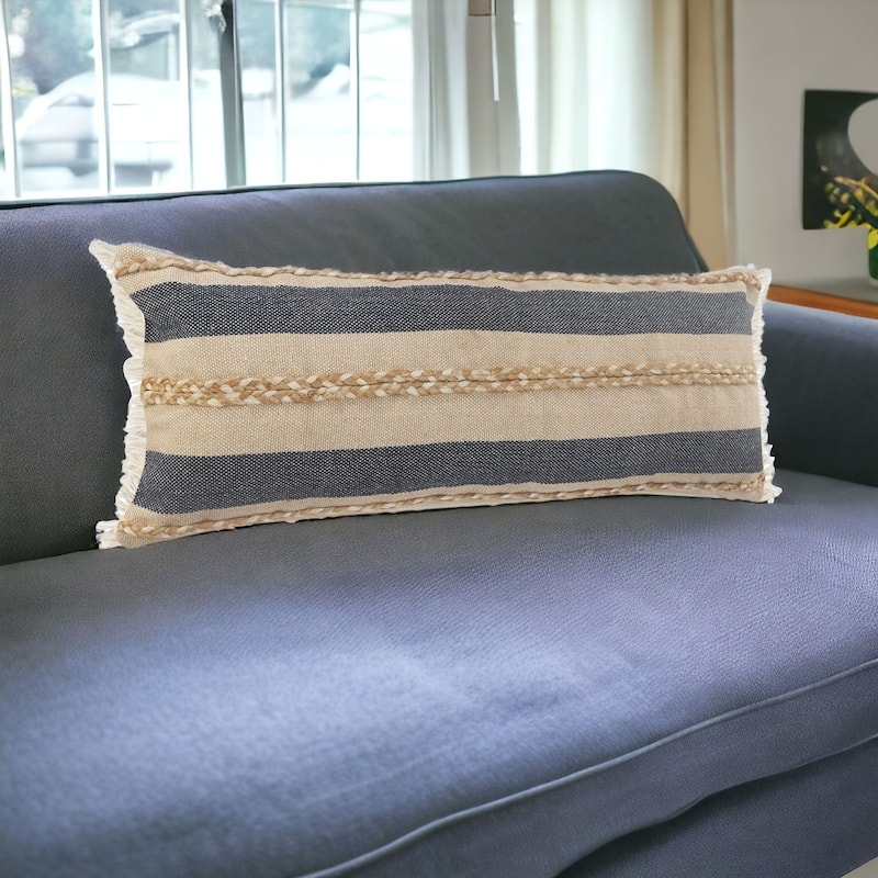 HomeRoots 14" X 36" Denim Tan And Taupe Jute Coastal Zippered Pillow