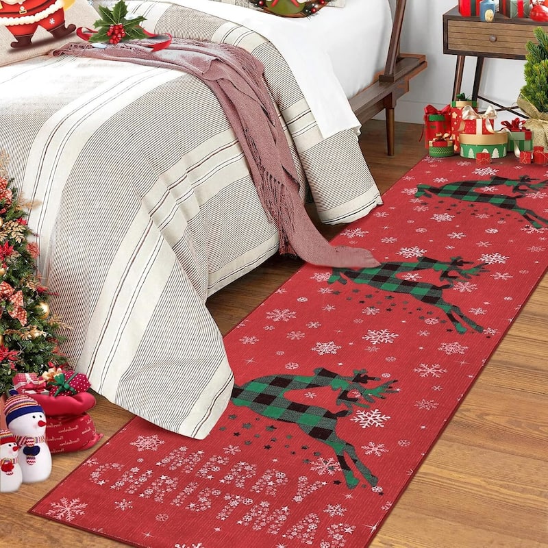 Christmas Rug with Snow Reindeer Area Rugs for Living Room, Low Pile Washable